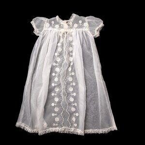 Vintage Infant Sheer Tulle Dress Ivory Baby Girl Short Sleeve Long Gown Cream